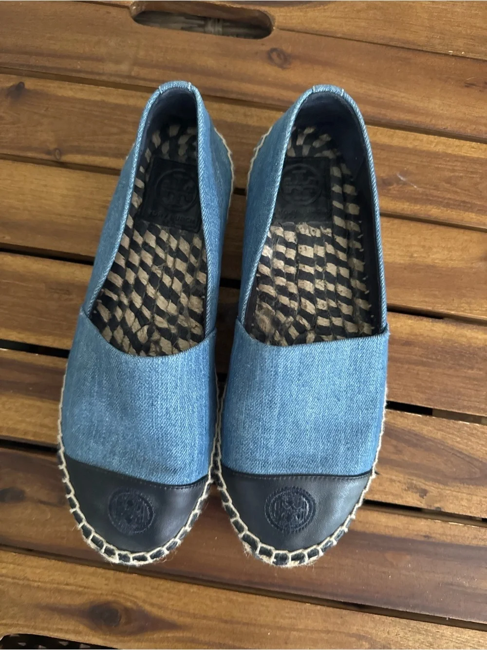 Tory Burch Denim Espadrille Slip-Ons with Black Toe Cap size 8